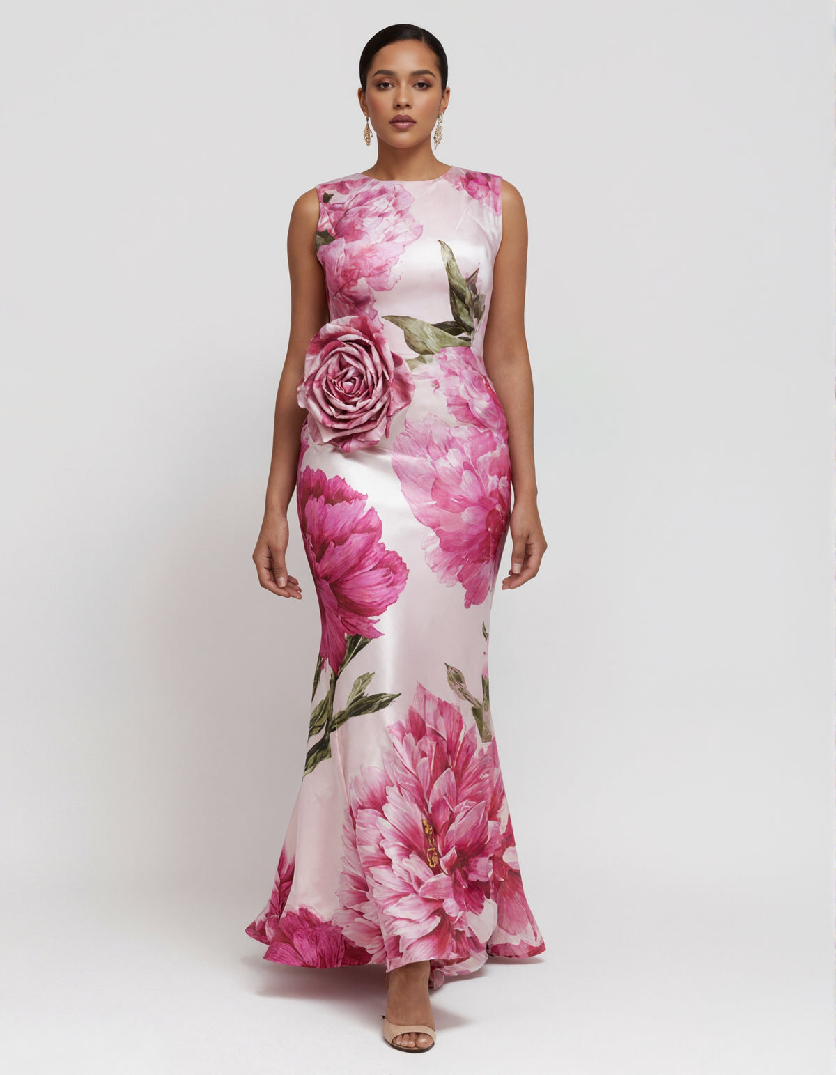 Rose Pink Satin Sleeveless Floral Maxi Dress