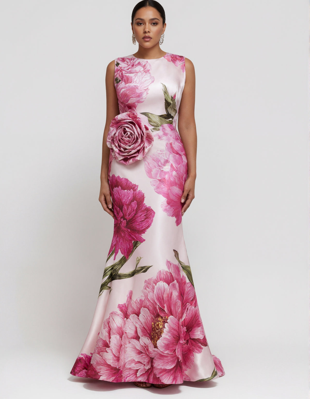 Rose Pink Satin Sleeveless Floral Maxi Dress