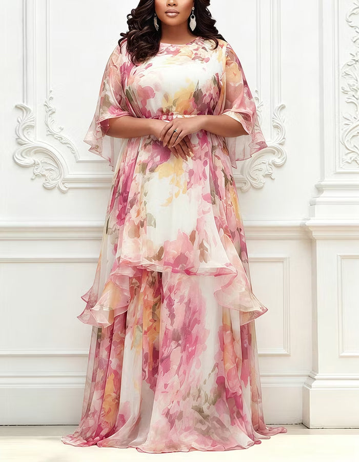 Pink Watercolor Floral Chiffon Round Neck Layered Maxi Dress