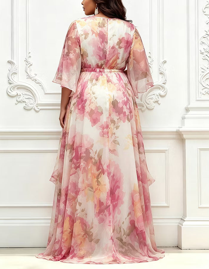 Pink Watercolor Floral Chiffon Round Neck Layered Maxi Dress