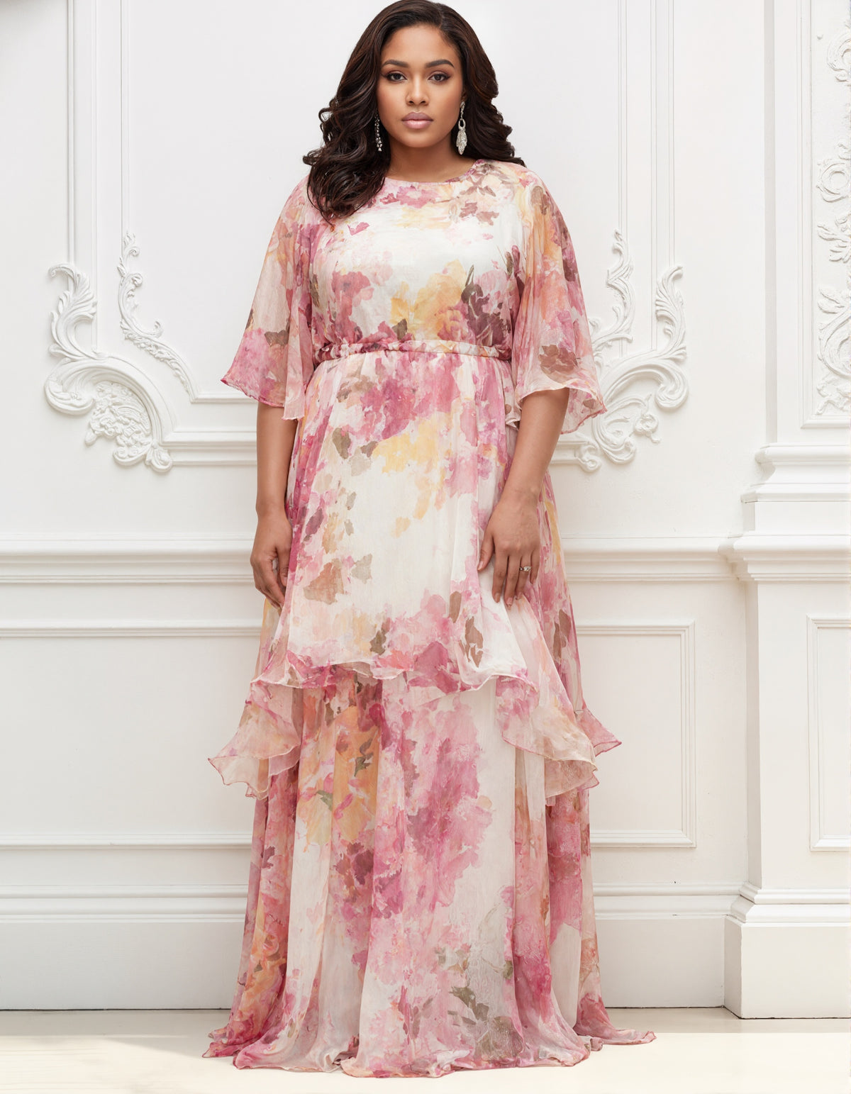 Pink Watercolor Floral Chiffon Round Neck Layered Maxi Dress