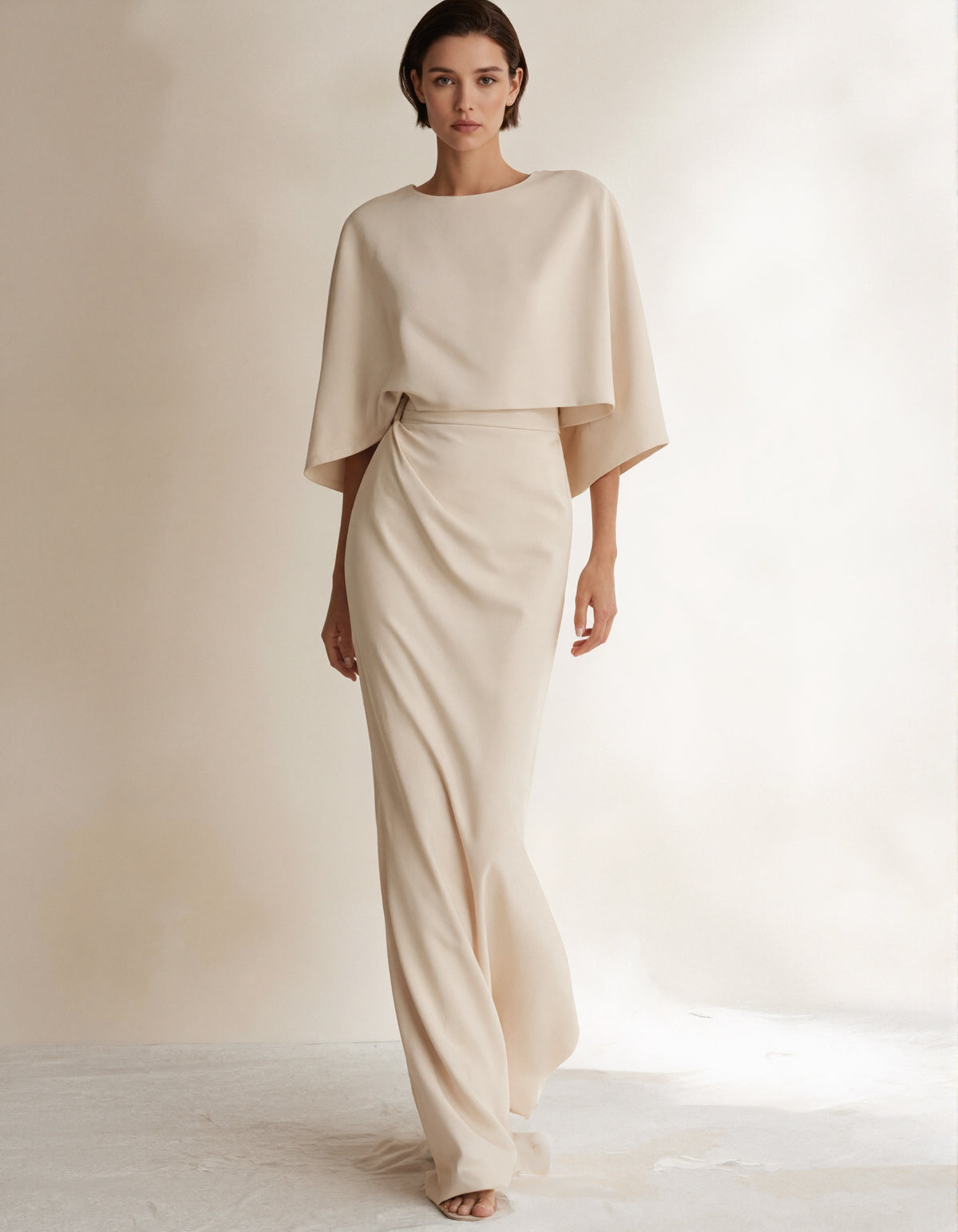 Cream Colored Shawl Sleeves Fishtail Maxi Dress