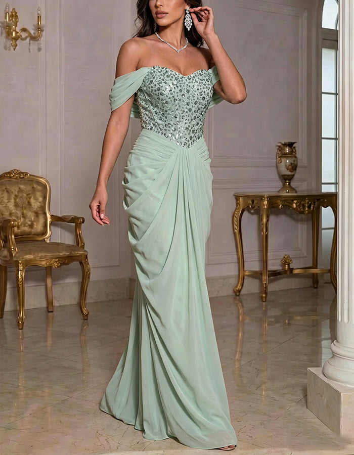 Solid Color Off Shoulder Sequined Chiffon Maxi Dress