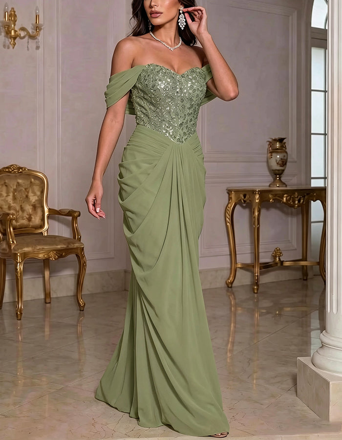 Solid Color Off Shoulder Sequined Chiffon Maxi Dress