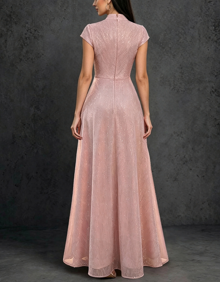 Dusty Pink Shimmer Lurex Stand‑Collar Wrap V‑Neck Long Formal Maxi Dress