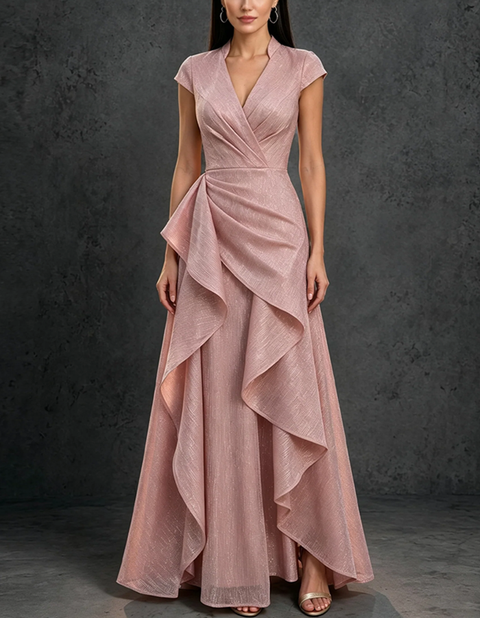 Dusty Pink Shimmer Lurex Stand‑Collar Wrap V‑Neck Long Formal Maxi Dress