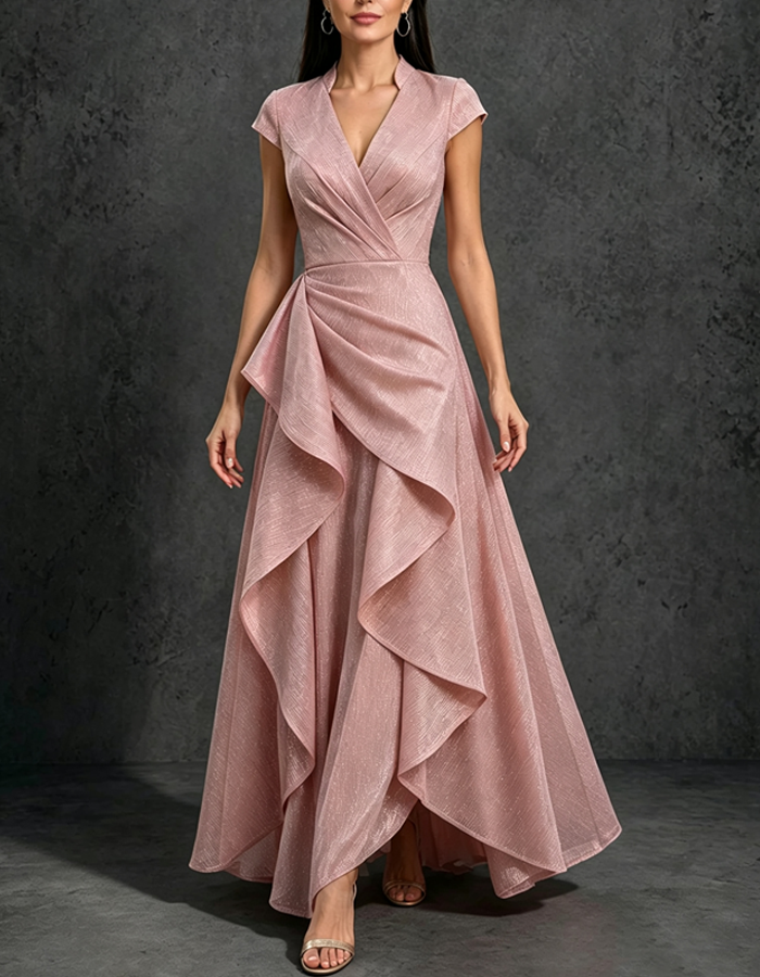 Dusty Pink Shimmer Lurex Stand‑Collar Wrap V‑Neck Long Formal Maxi Dress