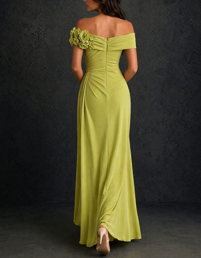 Off‑the‑Shoulder 3D Floral Appliqué Draped Ruched Floor‑Length Maxi Dress