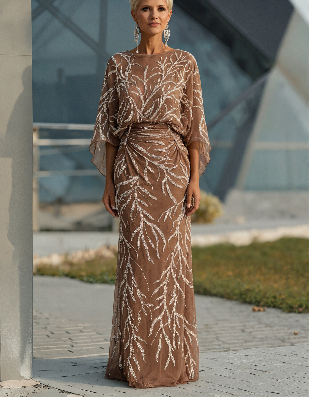 Brown Sequined Mesh Maxi Dress
