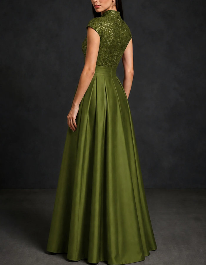 Stand Collar Keyhole Cap Sleeve Sequin Satin Pleated A‑Line Maxi Dress