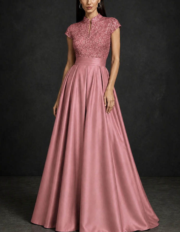 Stand Collar Keyhole Cap Sleeve Sequin Satin Pleated A‑Line Maxi Dress