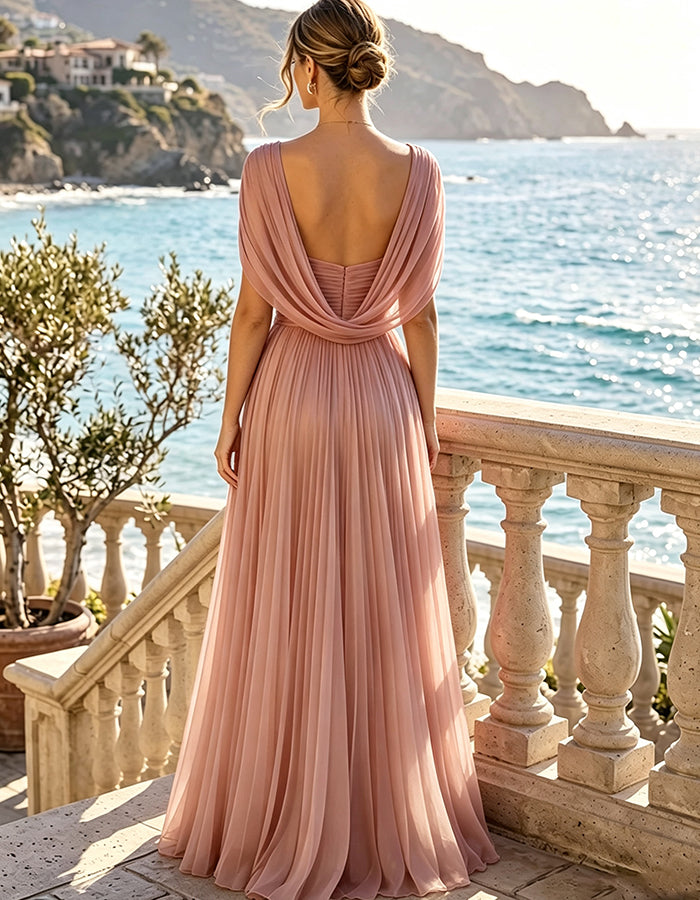 Mauve Pink Deep V Cape Sleeve Pleated Chiffon Maxi Dress