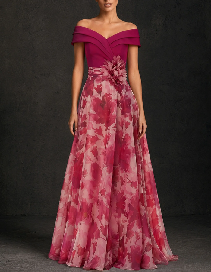 Off‑The‑Shoulder Floral Print Chiffon A‑Line Floor Length Maxi Dress