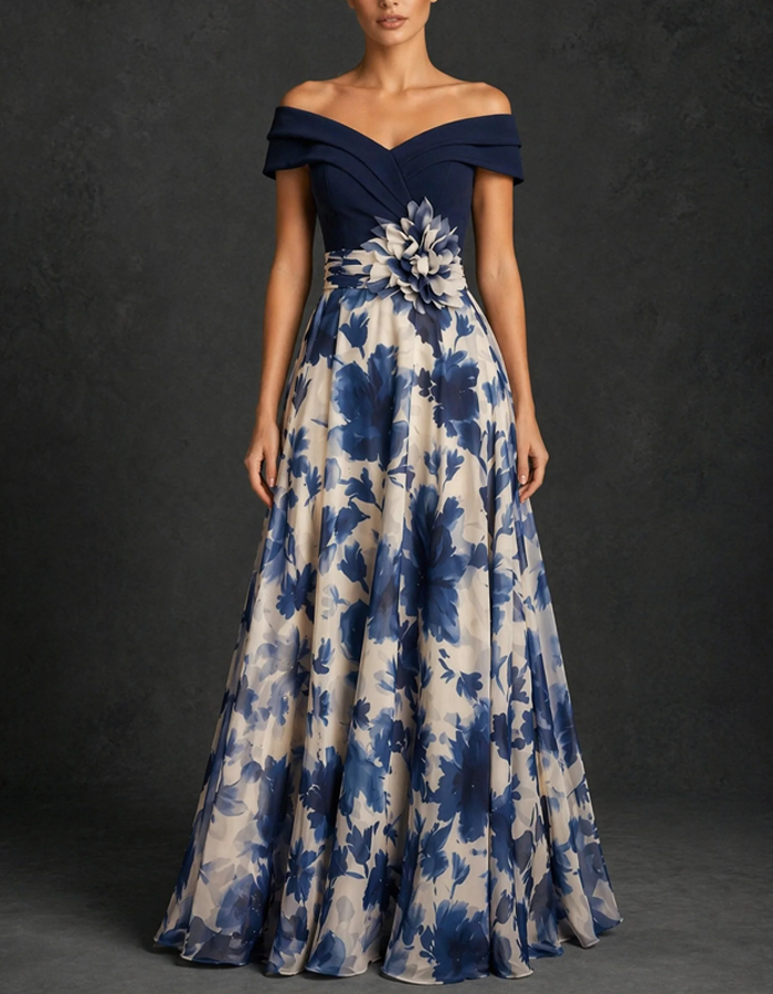 Off‑The‑Shoulder Floral Print Chiffon A‑Line Floor Length Maxi Dress