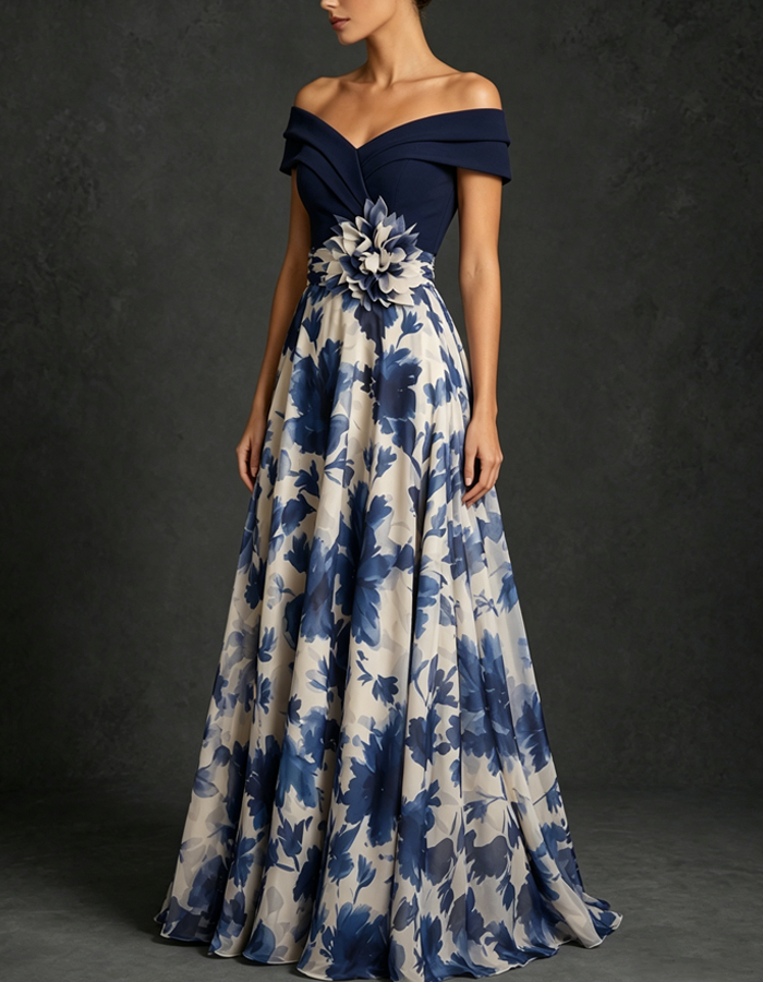 Off‑The‑Shoulder Floral Print Chiffon A‑Line Floor Length Maxi Dress