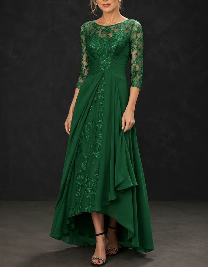 Illusion Round Neck 3/4 Sleeve Sequined Lace Chiffon High‑Low Formal Maxi Dress