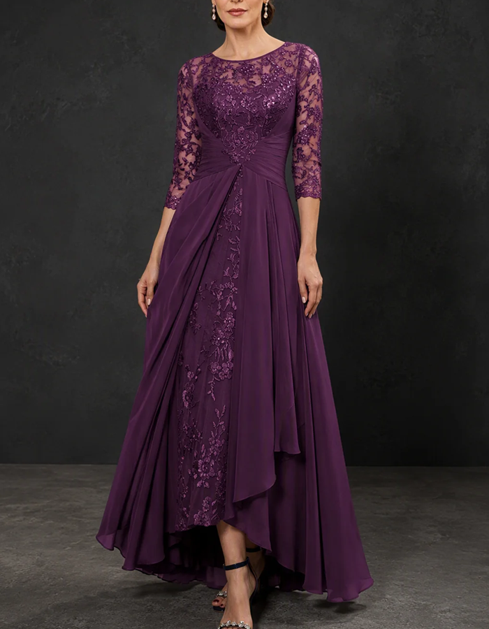 Illusion Round Neck 3/4 Sleeve Sequined Lace Chiffon High‑Low Formal Maxi Dress