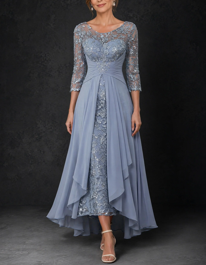 Illusion Round Neck 3/4 Sleeve Sequined Lace Chiffon High‑Low Formal Maxi Dress
