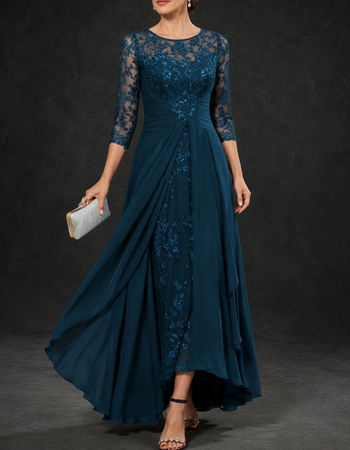 Illusion Round Neck 3/4 Sleeve Sequined Lace Chiffon High‑Low Formal Maxi Dress