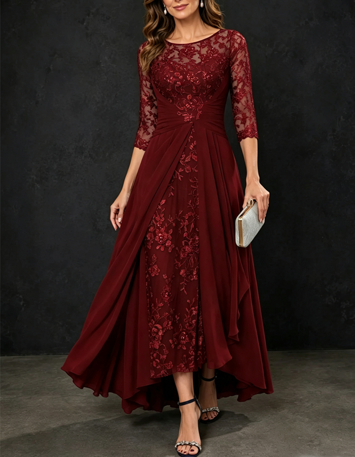 Illusion Round Neck 3/4 Sleeve Sequined Lace Chiffon High‑Low Formal Maxi Dress