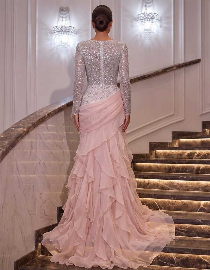 Silver Sequins With Pink Chiffon Layered Ruffles Maxi Dress