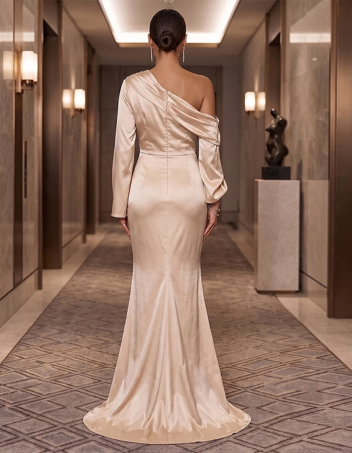 Light Champagne One Shoulder Satin Mermaid Maxi Dress