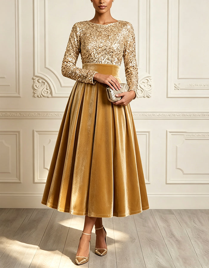 Gold Round Neck Long Sleeved Sequined Velvet Midi Dress