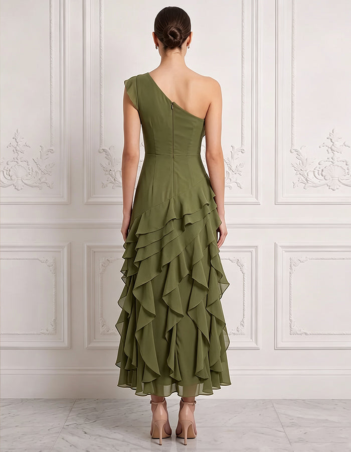 Olive Green Chiffon One Shoulder Layered Ruffles Maxi Dress