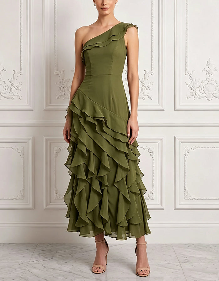 Olive Green Chiffon One Shoulder Layered Ruffles Maxi Dress