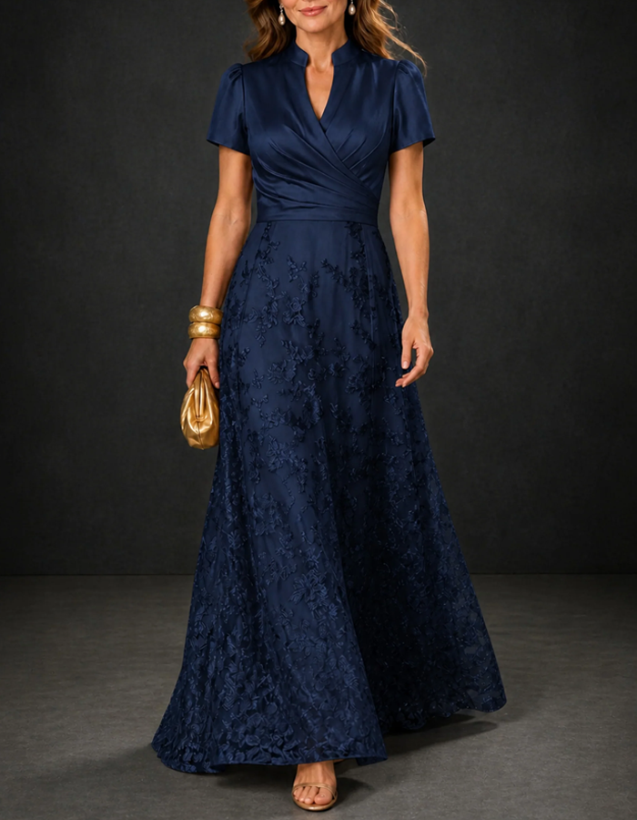 Notched Stand Collar Short Puff Sleeves Satin Floral Lace A‑Line Floor Length Maxi Dress