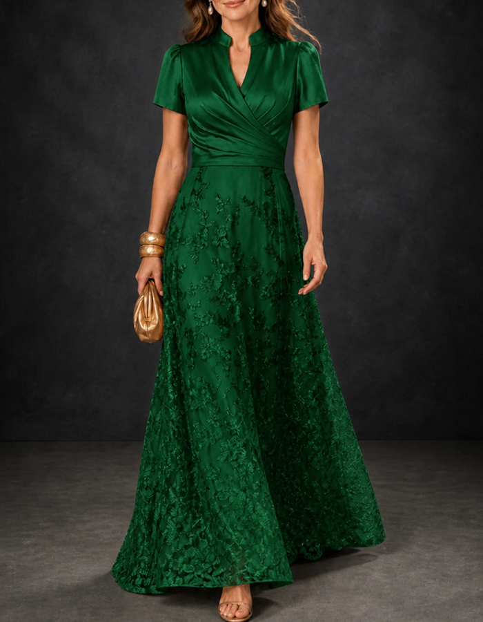 Notched Stand Collar Short Puff Sleeves Satin Floral Lace A‑Line Floor Length Maxi Dress