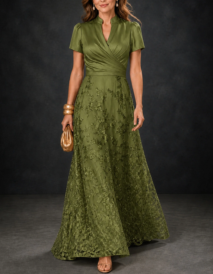 Notched Stand Collar Short Puff Sleeves Satin Floral Lace A‑Line Floor Length Maxi Dress
