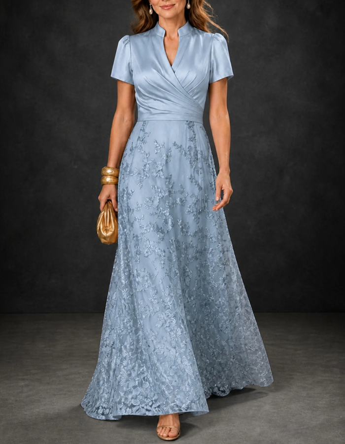 Notched Stand Collar Short Puff Sleeves Satin Floral Lace A‑Line Floor Length Maxi Dress