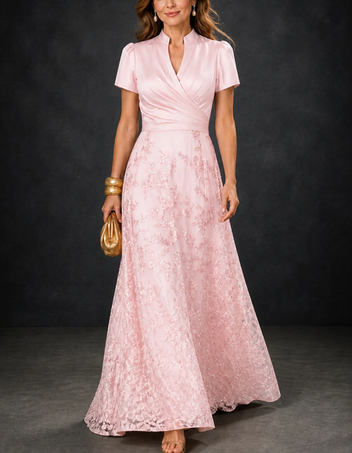 Notched Stand Collar Short Puff Sleeves Satin Floral Lace A‑Line Floor Length Maxi Dress