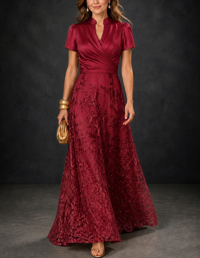 Notched Stand Collar Short Puff Sleeves Satin Floral Lace A‑Line Floor Length Maxi Dress