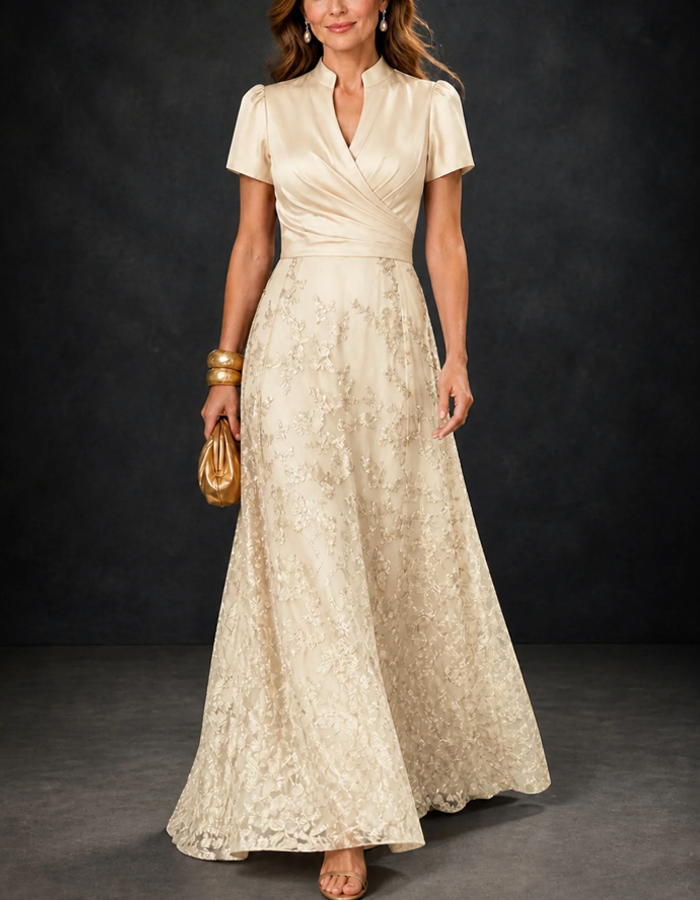 Notched Stand Collar Short Puff Sleeves Satin Floral Lace A‑Line Floor Length Maxi Dress