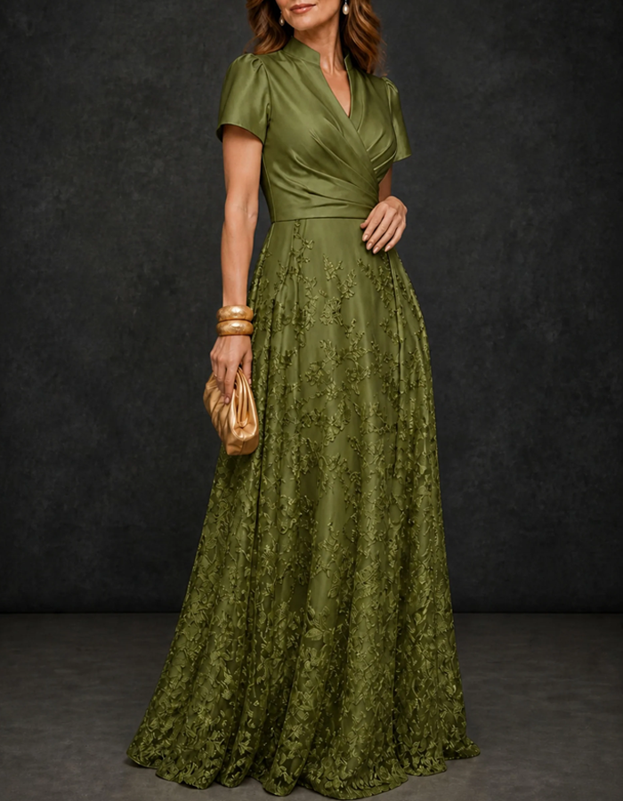 Notched Stand Collar Short Puff Sleeves Satin Floral Lace A‑Line Floor Length Maxi Dress