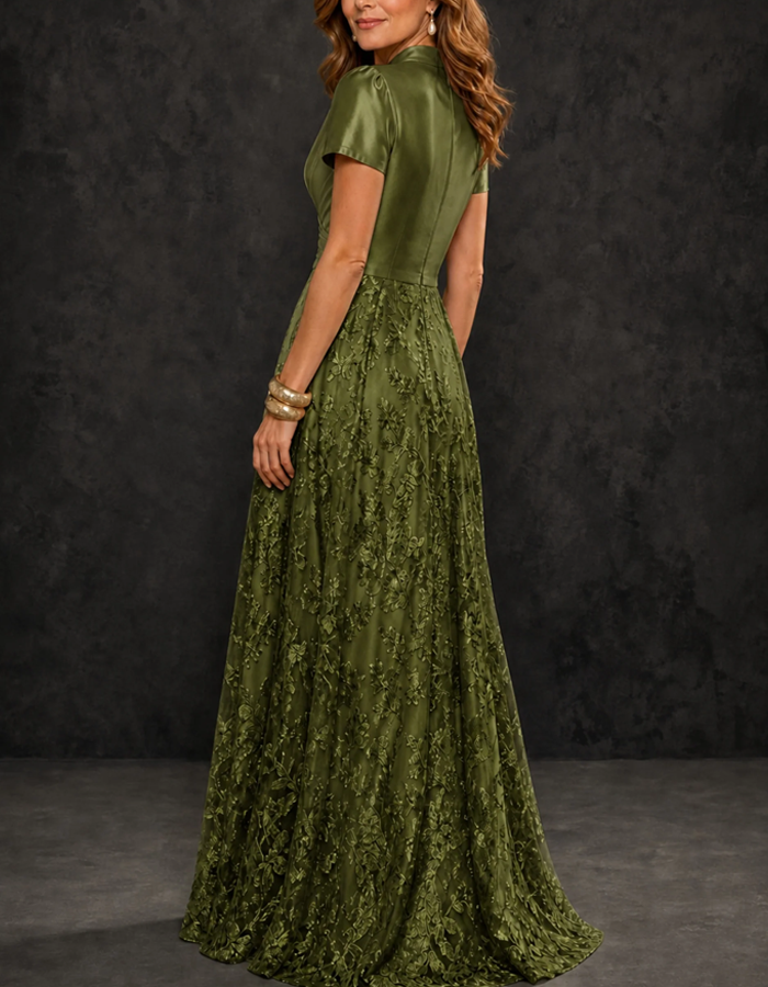 Notched Stand Collar Short Puff Sleeves Satin Floral Lace A‑Line Floor Length Maxi Dress