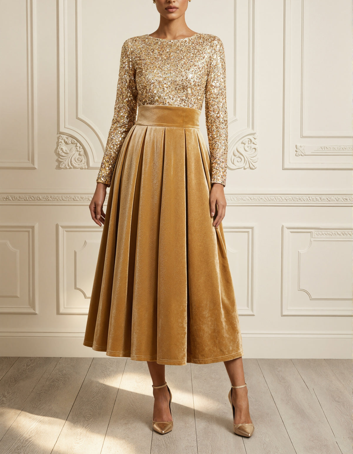 Gold Round Neck Long Sleeved Sequined Velvet Midi Dress