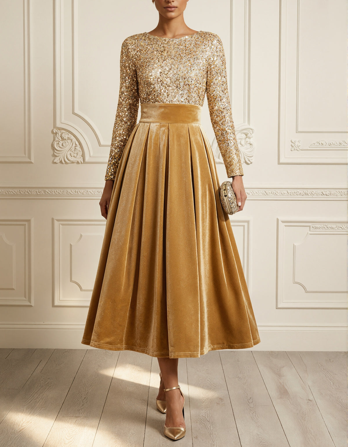 Gold Round Neck Long Sleeved Sequined Velvet Midi Dress