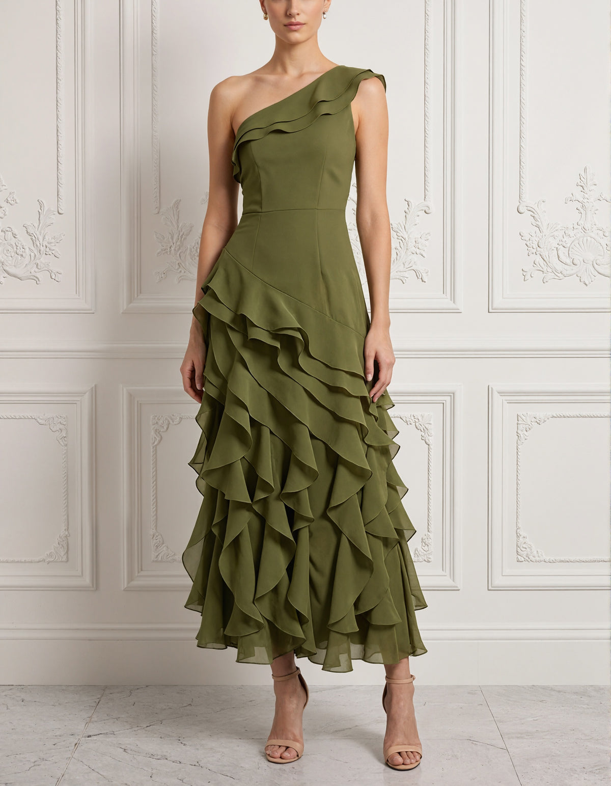 Olive Green Chiffon One Shoulder Layered Ruffles Maxi Dress