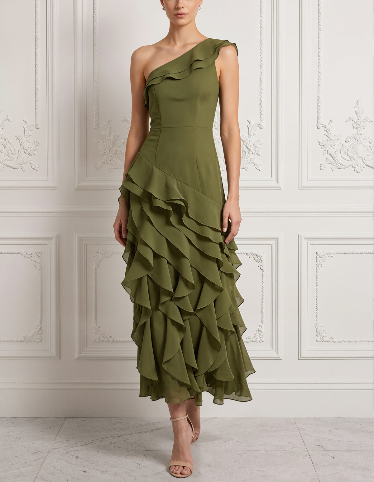Olive Green Chiffon One Shoulder Layered Ruffles Maxi Dress