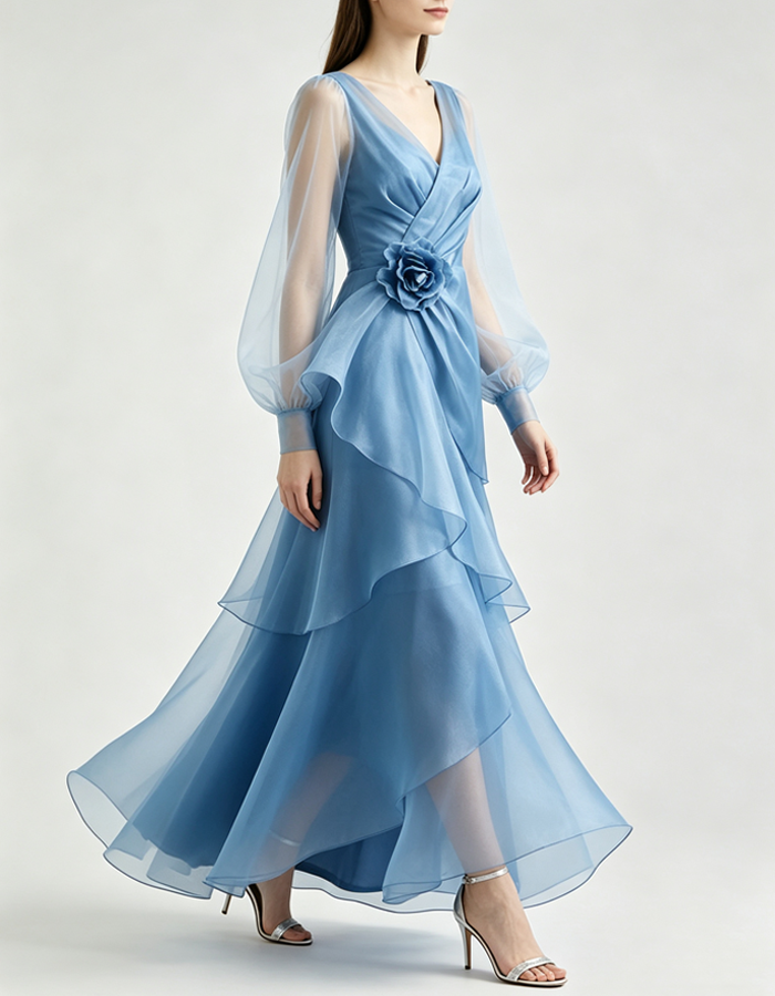 Long Puff Sleeve V Neck Tiered Ruffle Organza Formal Maxi Dress