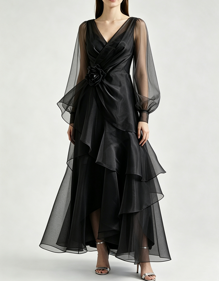 Long Puff Sleeve V Neck Tiered Ruffle Organza Formal Maxi Dress