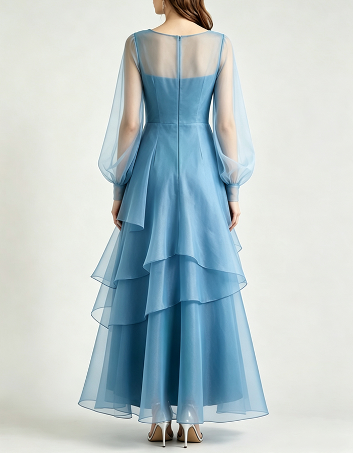 Long Puff Sleeve V Neck Tiered Ruffle Organza Formal Maxi Dress