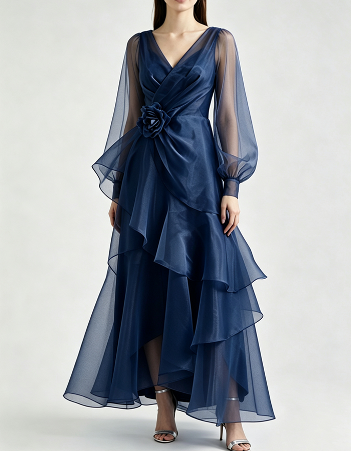 Long Puff Sleeve V Neck Tiered Ruffle Organza Formal Maxi Dress