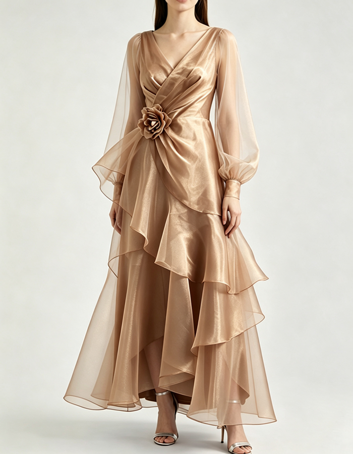 Long Puff Sleeve V Neck Tiered Ruffle Organza Formal Maxi Dress