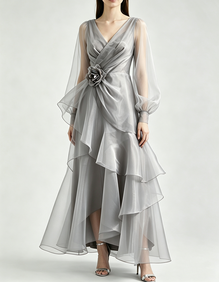 Long Puff Sleeve V Neck Tiered Ruffle Organza Formal Maxi Dress
