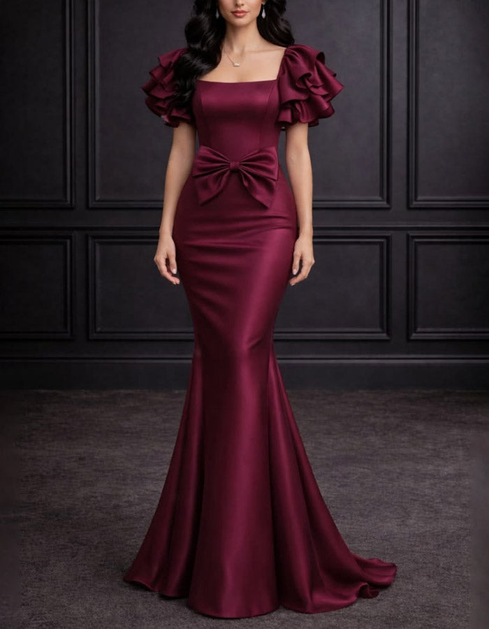 Burgundy Square‑Neck Ruffled Puff‑Short‑Sleeve Large‑Bow‑Accent Satin Mermaid Maxi Dress