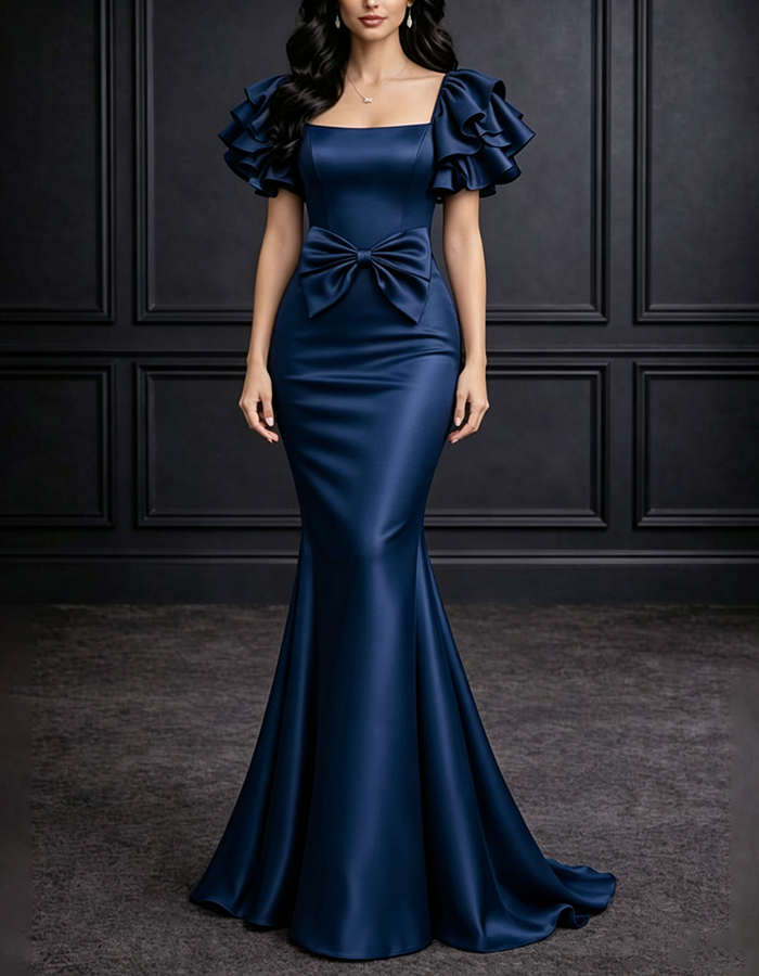 Burgundy Square‑Neck Ruffled Puff‑Short‑Sleeve Large‑Bow‑Accent Satin Mermaid Maxi Dress